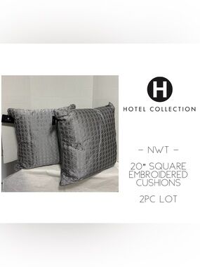 🆕HOTEL COLLECTION - NWT - 2PC LOT - 20” SQUARE EMBROIDERED GREY CUSHION / PILLOW